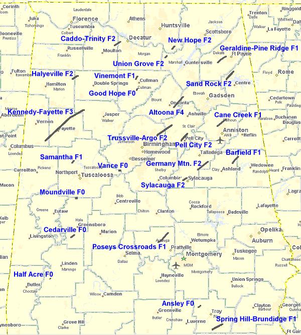 Tornado Tracks from the November 24, 2001 Outbreak, click on a track to view the survey.