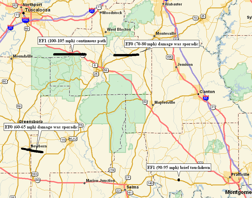 Map of Central Alabama Tornadoes