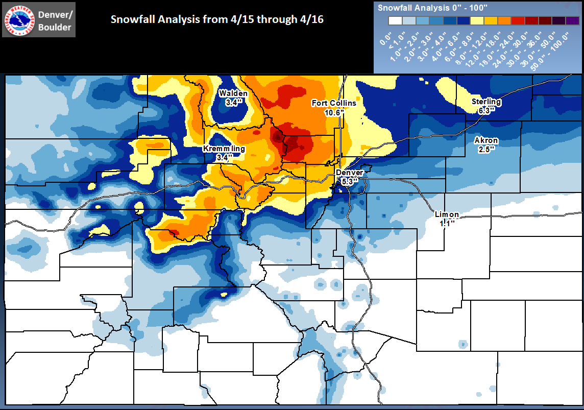 Summary of Snowfall from April 11th through April 16th