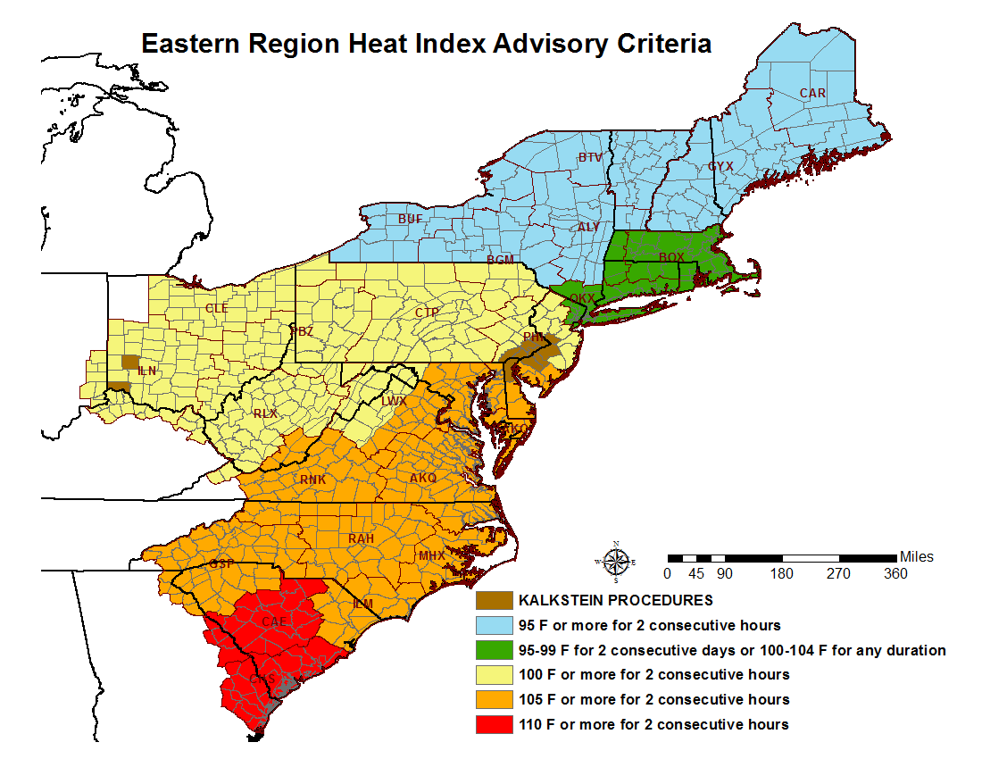 A map displaying Heat Index Advisory criteria for the NWS Eastern Region.