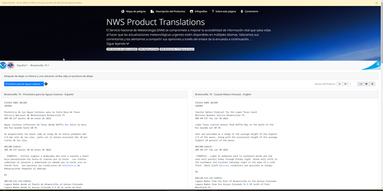 image of translated page (weather.gov/translate) for Brownsville/Rio Grande Valley, showing the Coastal Waters Forecast.