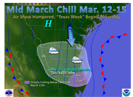 Surface weather map, South Texas, for March 12 through 15, 2009 (Click for larger image)