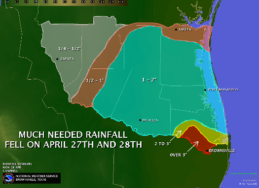 Measured and estimated rainfall totals, April 27 and 28, Lower RGV (click to enlarge)