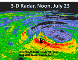 Three-dimensional radar depicting eyewall over South Padre Island, noon CT July 23 (click to enlarge)