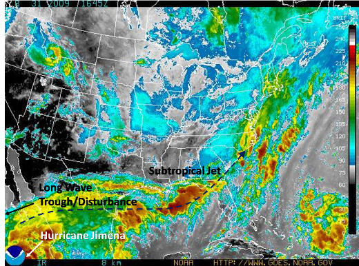 Infrared satellite photo from August 31st, 1645 UTC (1145 AM CDT), showing persistent subtropical jet and deep moisture across Deep South Texas