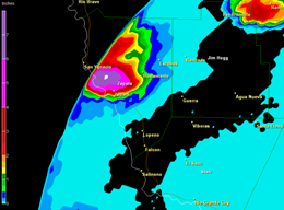 Three hour radar estimated precipitation, valid 1010 PM CDT April 17th, 2009, Zapata County (click to enlarge)