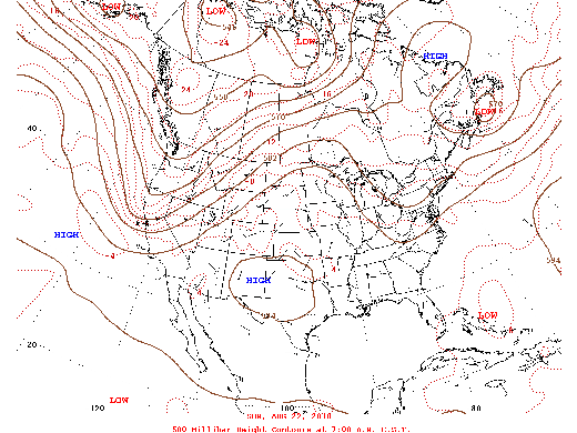 Daily weather map, August 22nd 2010, showing 500 mb heights across the U.S. and northern Mexico (click to enlarge)