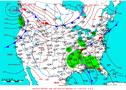 Weather map of pressure systems, fronts, and station observations, Unites States, March 21,2010 (click to enlarge)