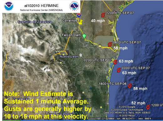 NHC track map for Hermine through Deep South Texas and northeast Mexico. Background map courtesy of Google Earth