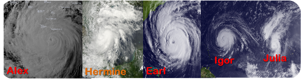 2010 Hurricane Season montage/banner showing several significant storms