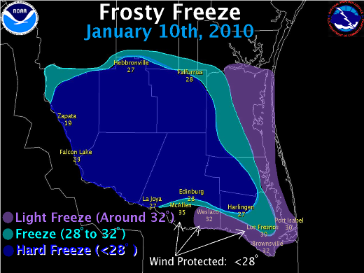 Map of freezing temperatures across Deep South Texas, December January 9th, 2010 (click to enlarge)