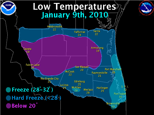 Map of freezing temperatures across Deep South Texas, January 9th, 2010 (click to enlarge)