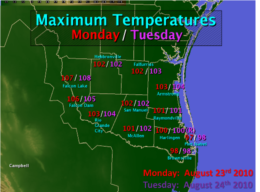 August 23rd and 24th maximum temperatures across Deep South Texas and Rio Grande Valley (click to enlarge)