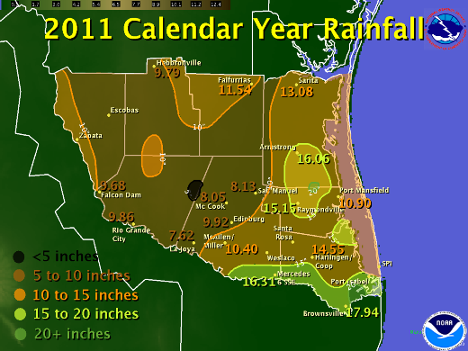 2011 rainfall map for Deep South Texas and the Rio Grande Valley