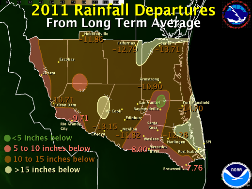 2011 rainfall departure from long term average map for Deep South Texas and the Rio Grande Valley