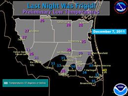 Map of minimum temperatures across the Rio Grande Valley, Wednesday, December 7th, 2011 (click to enlarge)