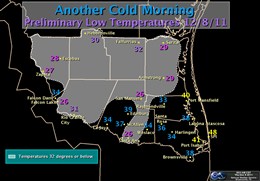 Map of minimum temperatures across the Rio Grande Valley, Thursday, December 8th, 2011 (click to enlarge)