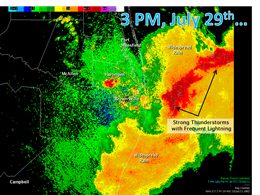 Intense cluster of thunderstorms on the south side of Tropical Storm Don, 249 PM CDT July 29th (click to enlarge)