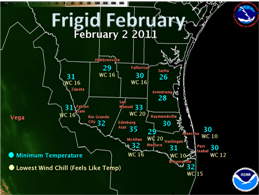 Lowest Wind Chill and Actual Air Temperature, morning of February 2, 2011(click to enlarge)
