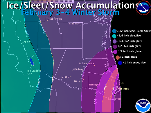 Ice, Sleet, and Snow Accumulation from the February 3 and 4, 2011, winter storm in Deep South Texas (click to enlarge)