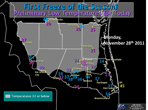 Map of minimum temperatures across the Rio Grande Valley, Monday, November 28th, 2011 (click to enlarge)