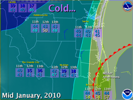 Map of cold weather conditions which occurred January 11th through 13th, 2011, Deep South Texas (click to enlarge)