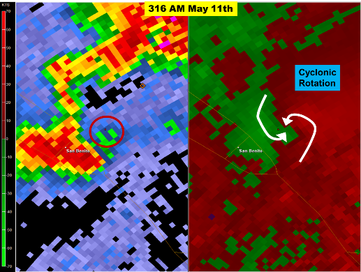 Two panel radar images showing reflectivity and velocity swirling above south side of San Benito
