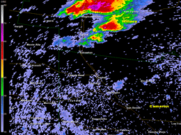 Animated loop of 1.4 degree reflectivity indicating rapid updraft development and icing, from Raymondville to Harlingen stretching to Weslaco, May 12, 2012