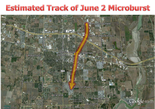 Estimated track of microburst from northeast to southwest across Weslaco between 235 and 245 PM, June 2 2013