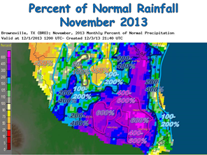 Percent of normal rainfall based on estimated and measured values for November 2013 (click to enlarge)