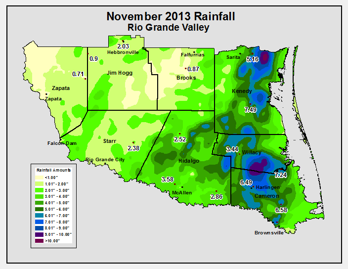 Rainfall map and observations, November 2013, Rio Grande Valley, Texas