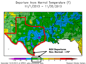 Southern U.S. temperature departure from average, November 2013. (click to enlarge)