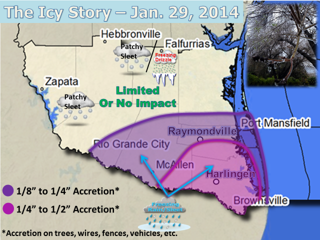 Map of measured and estimated ice accretion prior to melting (8 AM or so) January 29, 2014