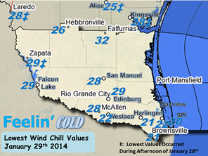 Minimum wind chill temperatures across Deep South Texas and the Rio Grande Valley in January 29, 2014
