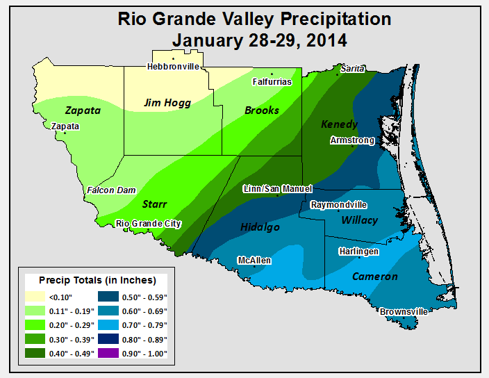 Precipitation map for the Rio Grande Valley January 28 January 29, 2014