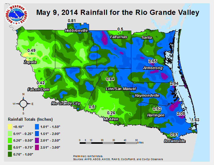 Storm total rainfall, from multiple sources, across Deep S. Texas/Rio Grande Valley, May 9th 2014