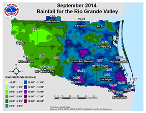 Preliminary rainfall map for September 2014, Rio Grande Valley, Texas