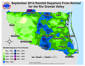 Preliminary rainfall departure (percent) from the 1981-2010 average for September 2014, Rio Grande Valley, Texas