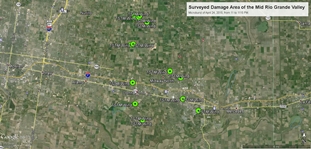 Click this map to open Google Earth kmz file of survey data from April 24, 2015 microburst in Weslaco/Donna area