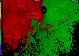 Loop of radar base velocity from 329 PM through 516 PM over southern Cameron County and northeast Tamaulipas, Mexico, August 31 2015 (click to enlarge)