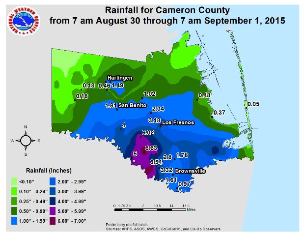 Cameron County Texas Rainfall Map for August 31 2015
