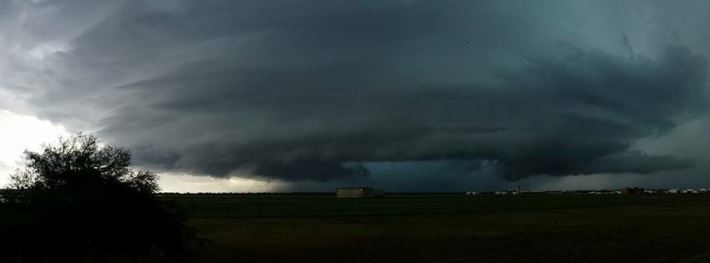 Panoramic vista of classic HP Supercell 'corkscrew' updraft, looking southwest from Brownsville/South Padre Island International Airport, at around 4 PM August 31 2015