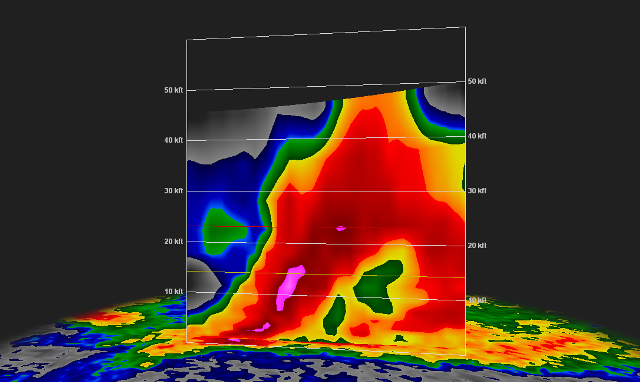 Three dimensional reflectivity in Rio Hondo just before the large hail fell on the city (911 PM CDT April 2, 2017)