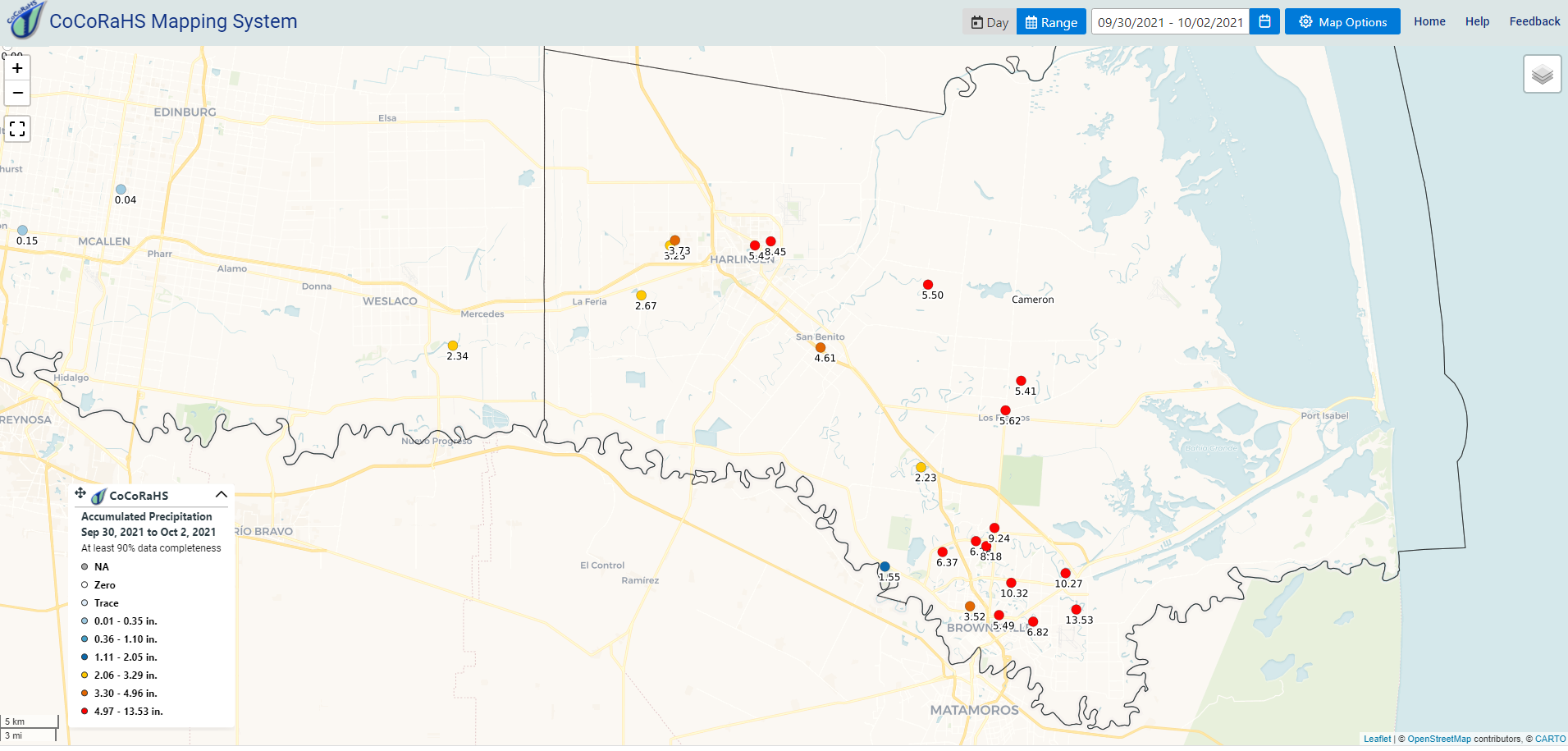 Community Collaborate Rain, Hail, and Snow Network (CoCoRaHS) rainfall map for the lower/mid Rio Grande Valley, for September 30-October 2, 2021. 