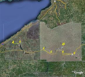 Path of four tornadoes moving across Chautauqua and Cattaraugus Counties