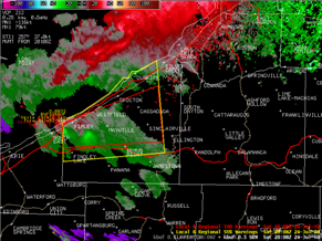 2008Z (408PM EDT).  Storm Relative Motion showing velocity couplet between Ripley and Mayville.  The red box indicates the tornado warning area, while the larger yellow box indicates a severe thunderstorm warning. 