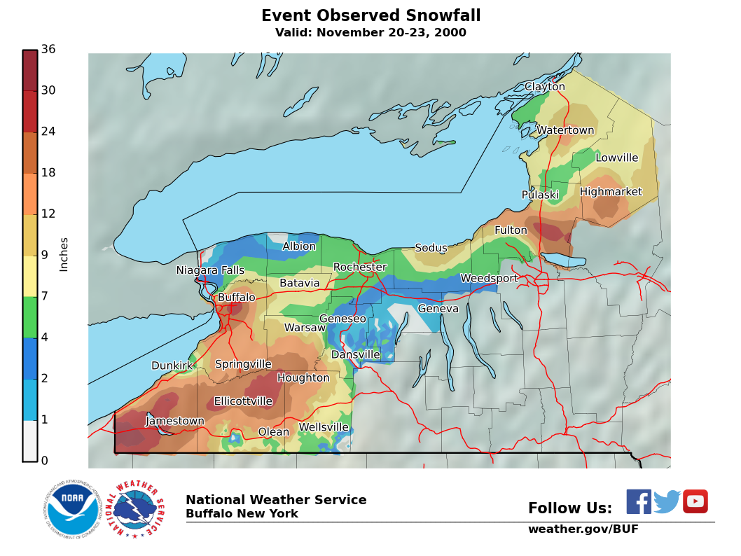 Lake Effect Summary - Nov 20 2000 to Nov 23 2000 - Storm Total Snow Map