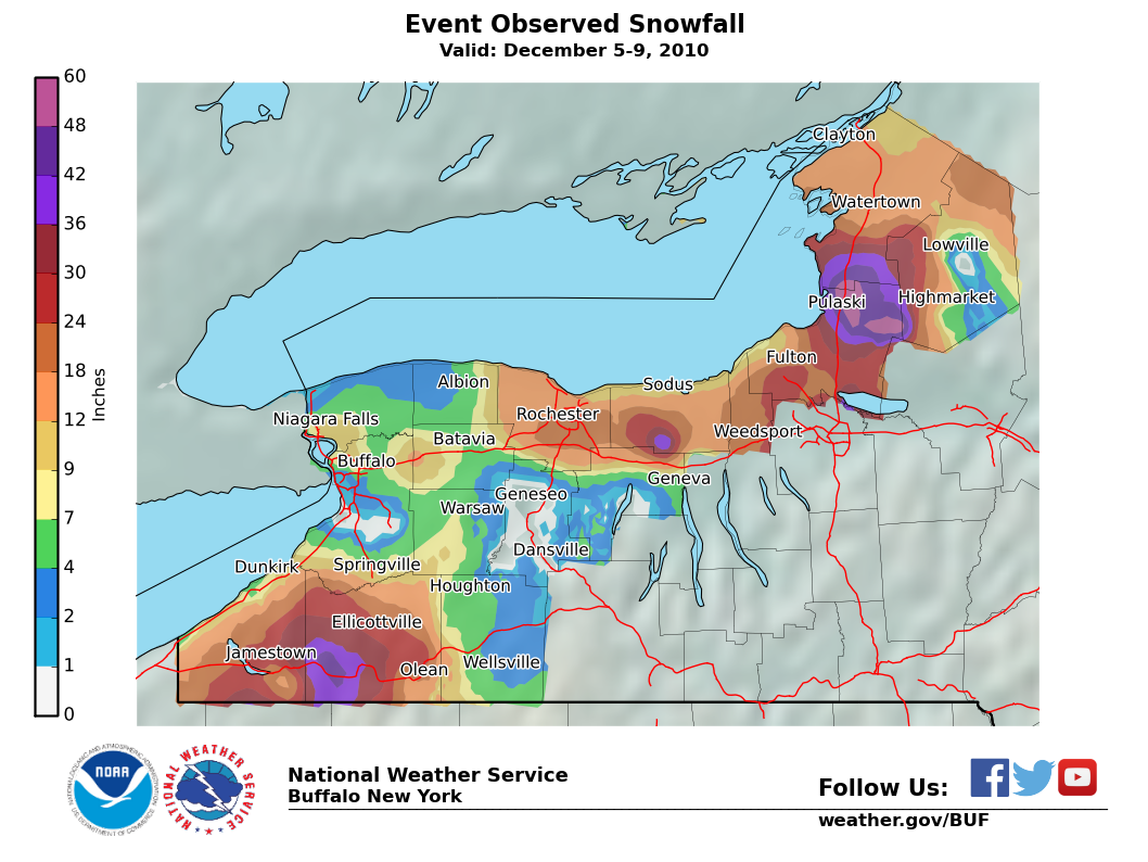 Lake Effect Summary - Dec 05 2010 to Dec 09 2010 - Storm Total Snow Map