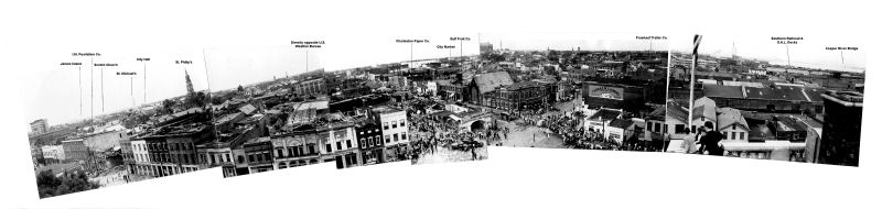 Panoramic image of Downtown Charleston tornado damage.