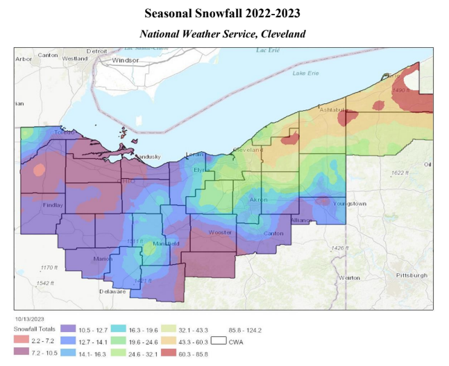 This is a map that depicts the snowfall across northern Ohio and Northwest Pennsylvania for the 2022-2023 Winter Season.